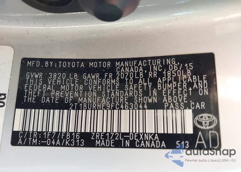 2015 Toyota Corolla Le from USA, damaged, VIN 2T1BURHE9FC463044